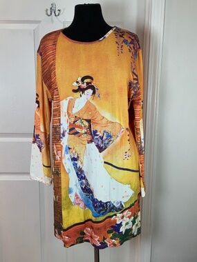 Eastern Serenity Asian Inspired Long Sleeve Orange Travel Tunic Dress Size XL